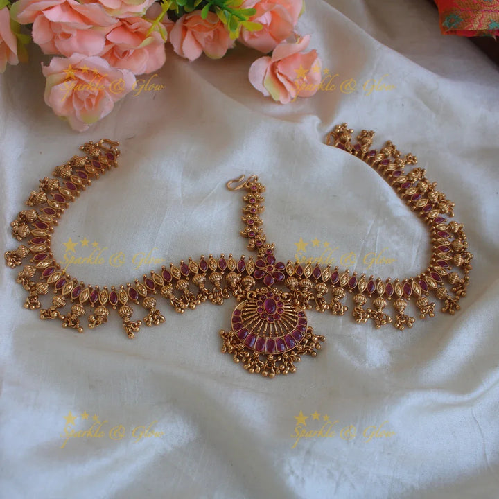 Sparkling Peacock floral design American diamond short necklace with ruby and floral drops - pink - Sparkle and Glow