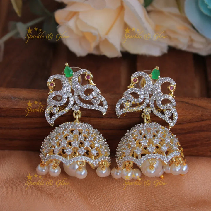 Elegant Peacock floral design American diamond layer short necklace with emerald and jhumuka drops - Sparkle and Glow