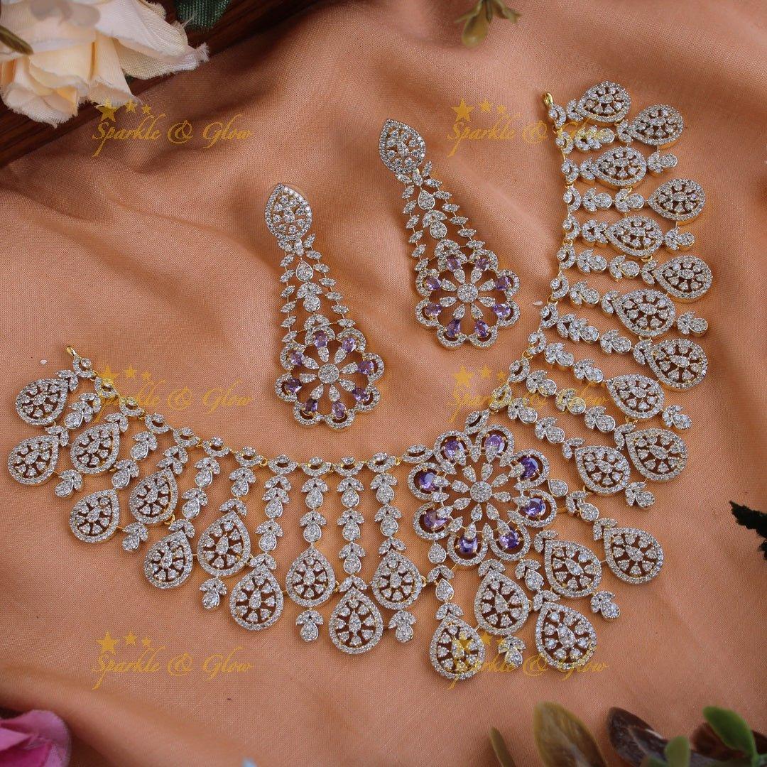 Exclusive floral leaflet drop American diamond Short necklace with Pink stones - Sparkle and Glow