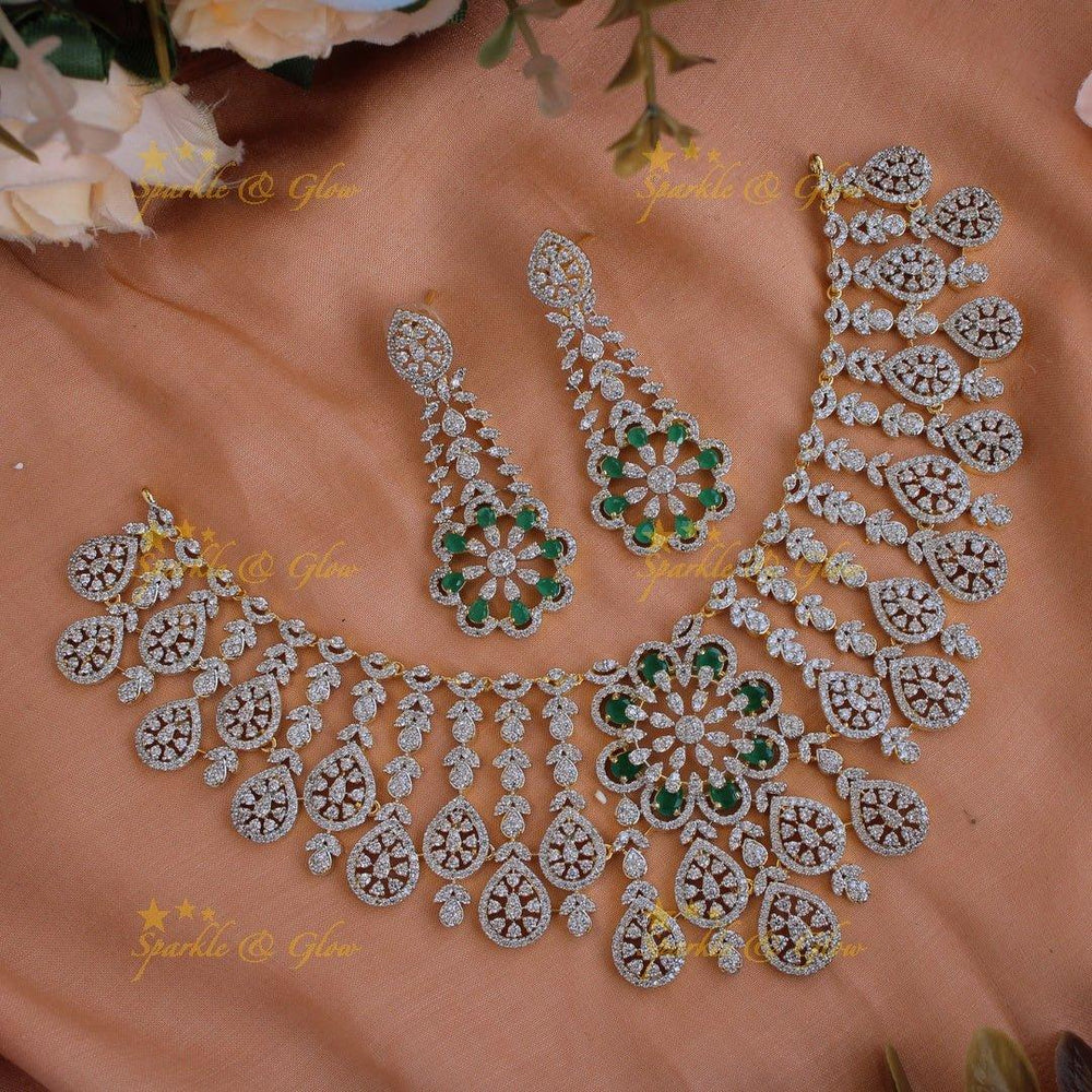 Exclusive floral leaflet drop American diamond Short necklace with Pink stones - Sparkle and Glow