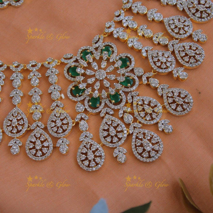 Exclusive floral leaflet drop American diamond Short necklace with Pink stones - Sparkle and Glow