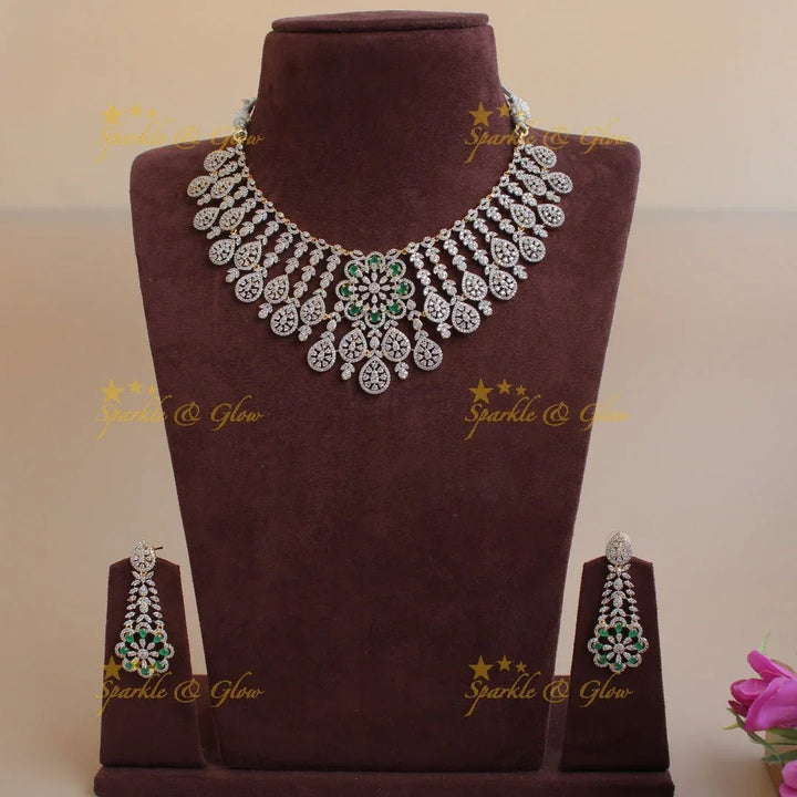 Exclusive floral leaflet drop American diamond Short necklace with Pink stones - Sparkle and Glow