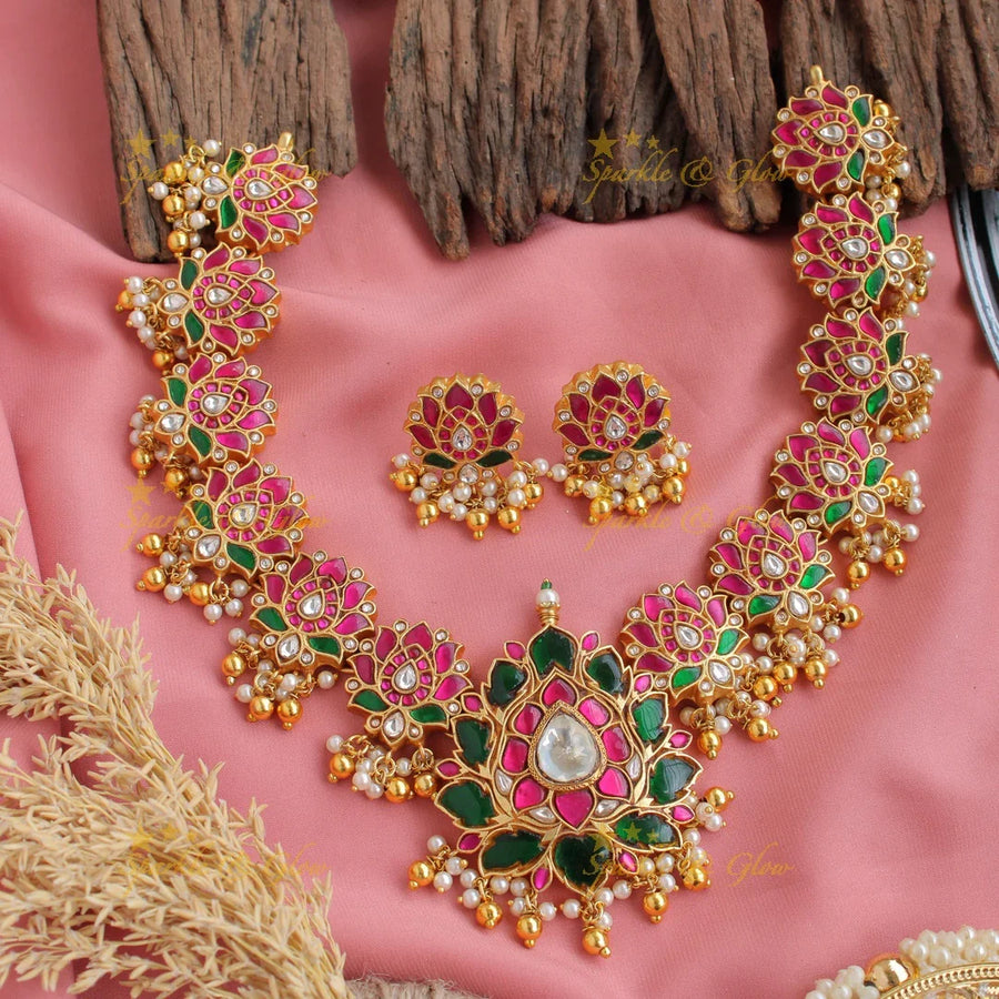 Grand intricate Lotus jadau short necklace with pearls and gold beads - Sparkle and Glow