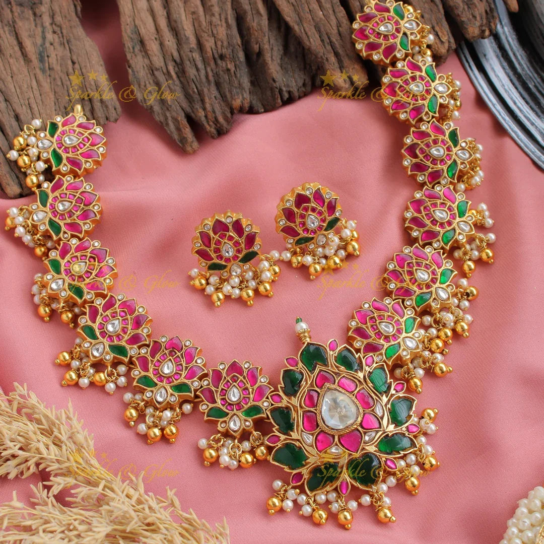 Grand intricate Lotus jadau short necklace with pearls and gold beads - Sparkle and Glow