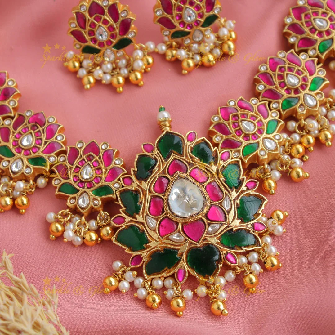 Grand intricate Lotus jadau short necklace with pearls and gold beads - Sparkle and Glow