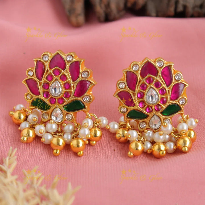 Grand intricate Lotus jadau short necklace with pearls and gold beads - Sparkle and Glow