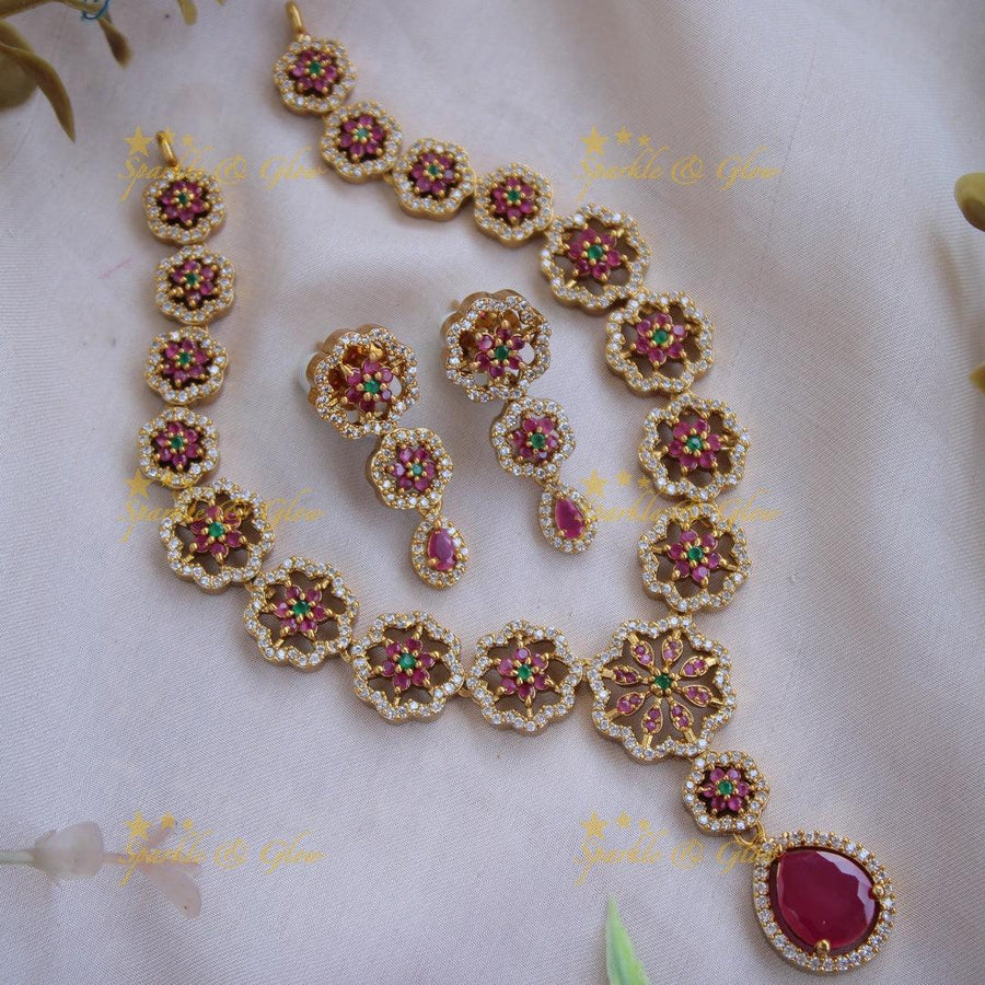 Exclusive Floral design AD short necklace with ruby - Sparkle and Glow