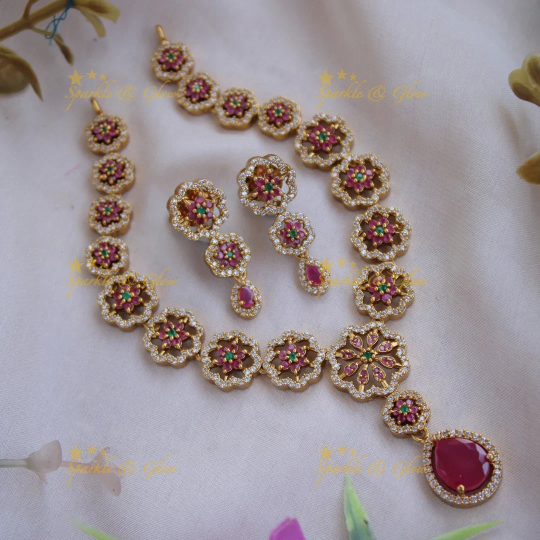 Exclusive Floral design AD short necklace with ruby - Sparkle and Glow