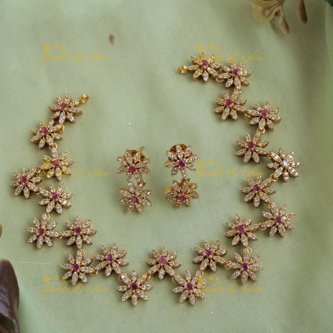 Exquisite Floral design AD short necklace with ruby - Sparkle and Glow