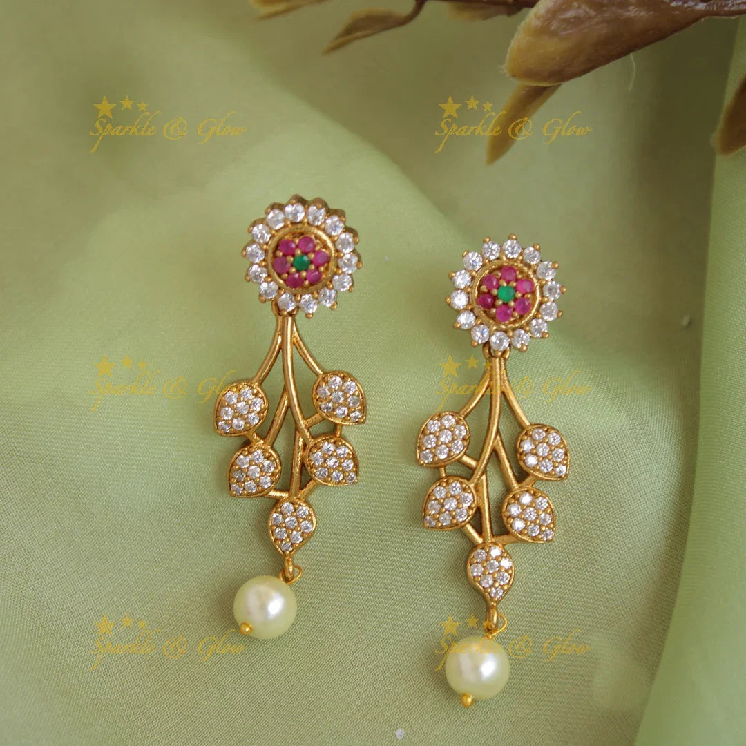 Beautiful Floral leaf design AD short necklace with ruby and pearl drops - Sparkle and Glow