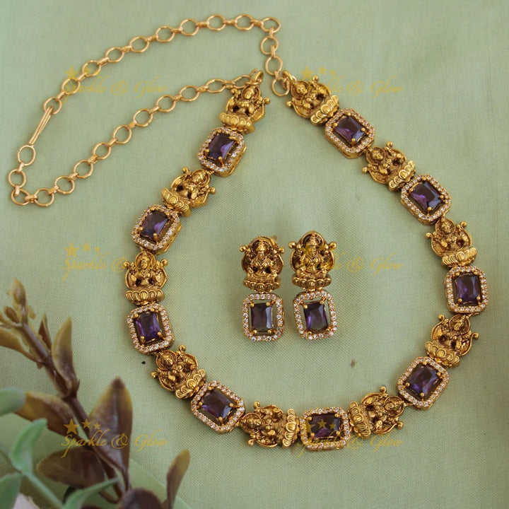 Statement Lakshmi carved AD short necklace with mint green stones - Sparkle and Glow