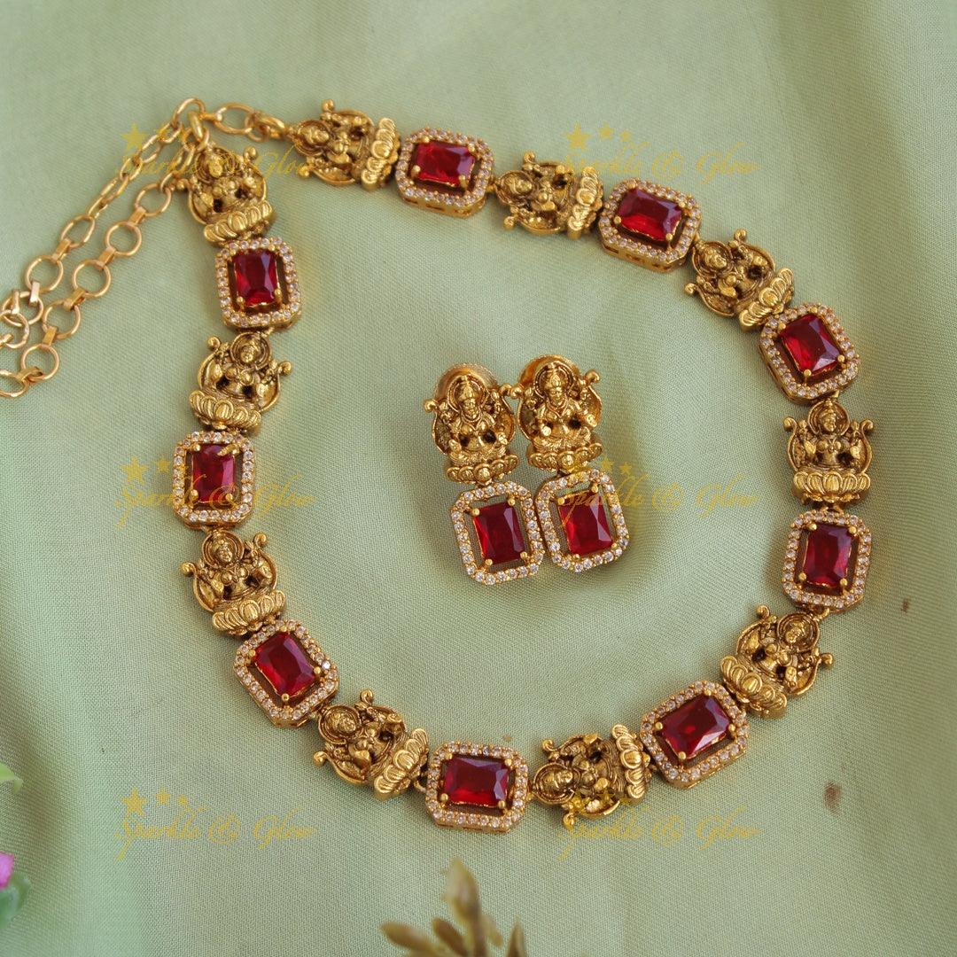 Statement Lakshmi carved AD short necklace with mint green stones - Sparkle and Glow