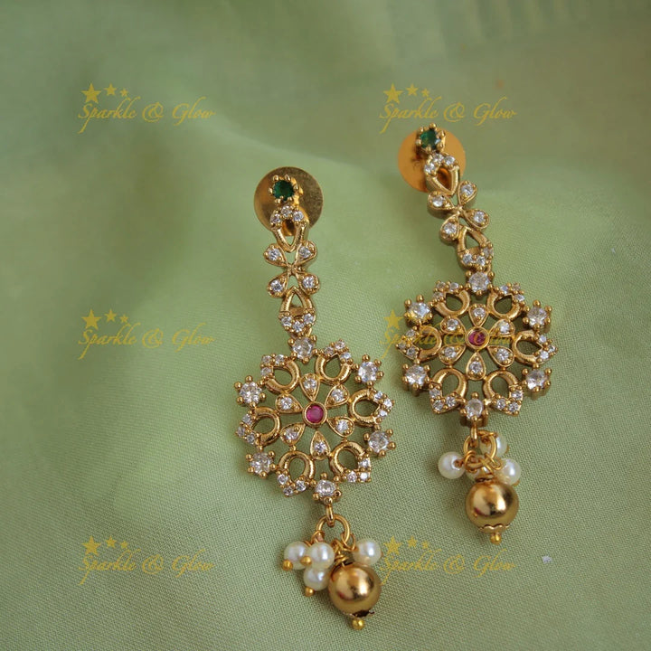 Beautiful floral two layer AD short necklace with pearls and gold beads - Sparkle and Glow