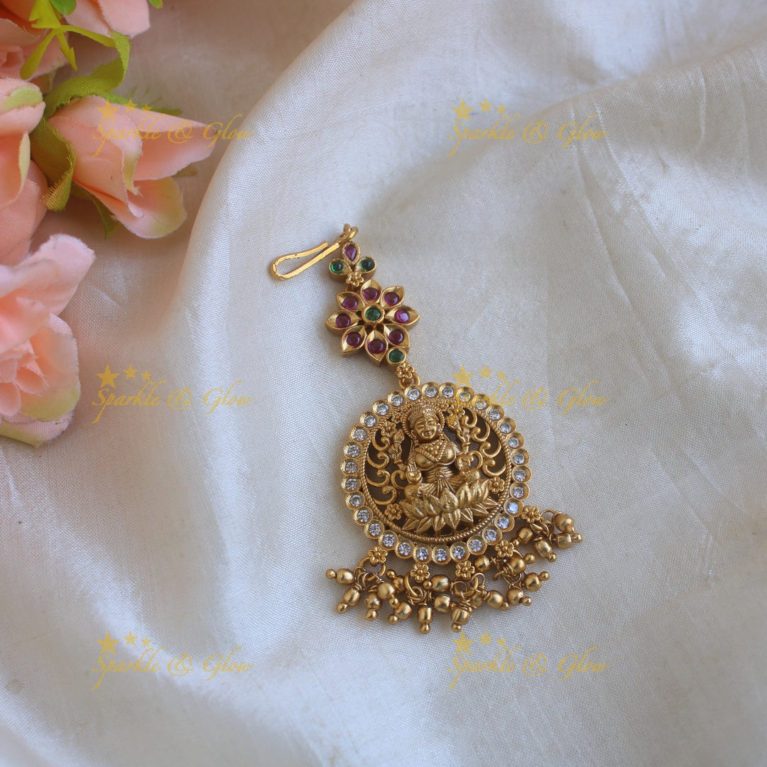 Exclusive Lakshmi floral design maang tikka with CZ stones and gold beads