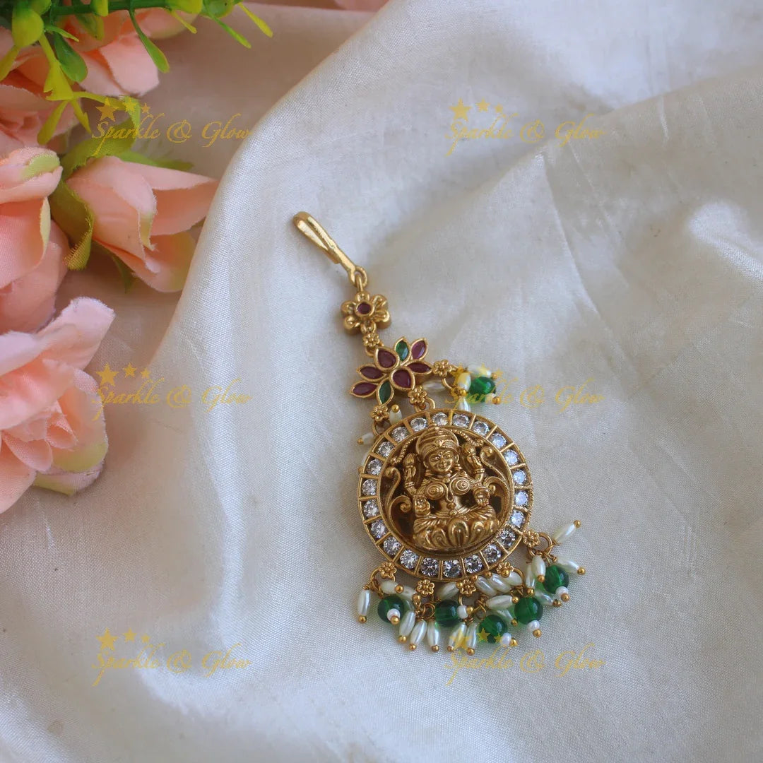 Stunning Lakshmi lotus design maang tikka with CZ stones rice pearls and green beads - Sparkle and Glow
