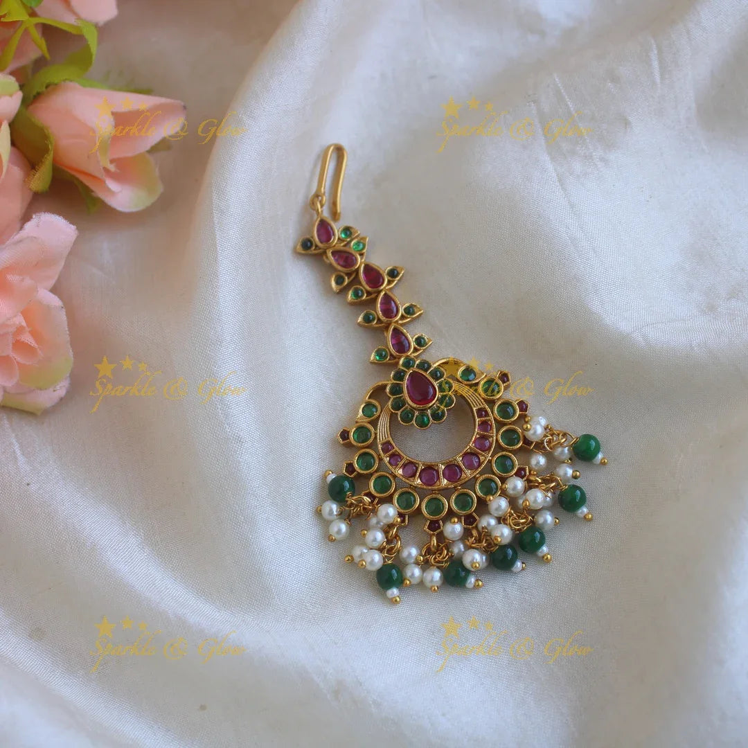 Elegant floral and moon design maang tikka with ruby emerald pearls and green beads - Sparkle and Glow