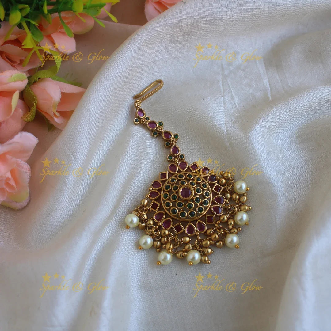 Elegant round shape maang tikka with ruby emerald and pearl drops - Sparkle and Glow