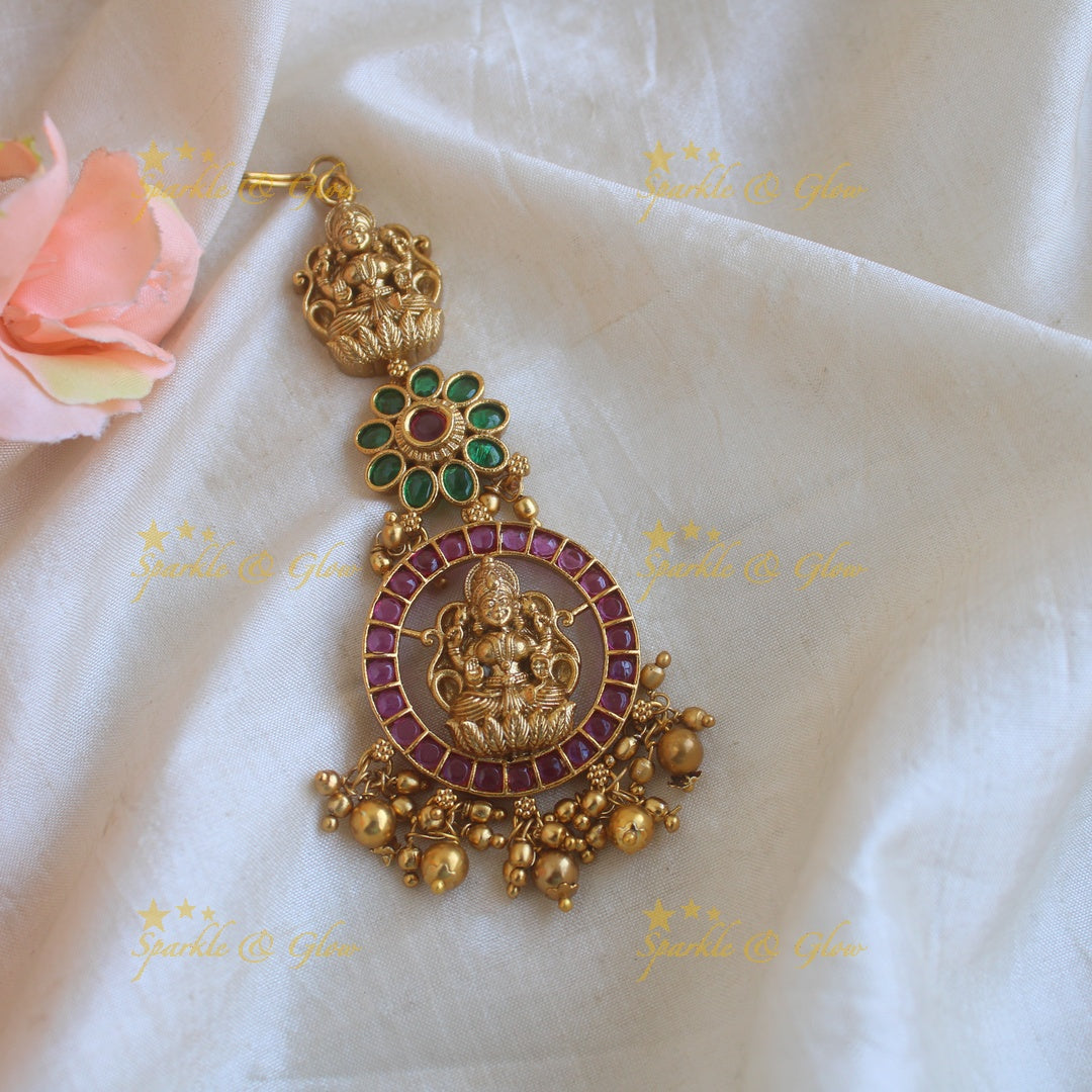 Gorgeous Lakshmi floral moon maang tikka with ruby emerald and gold beads