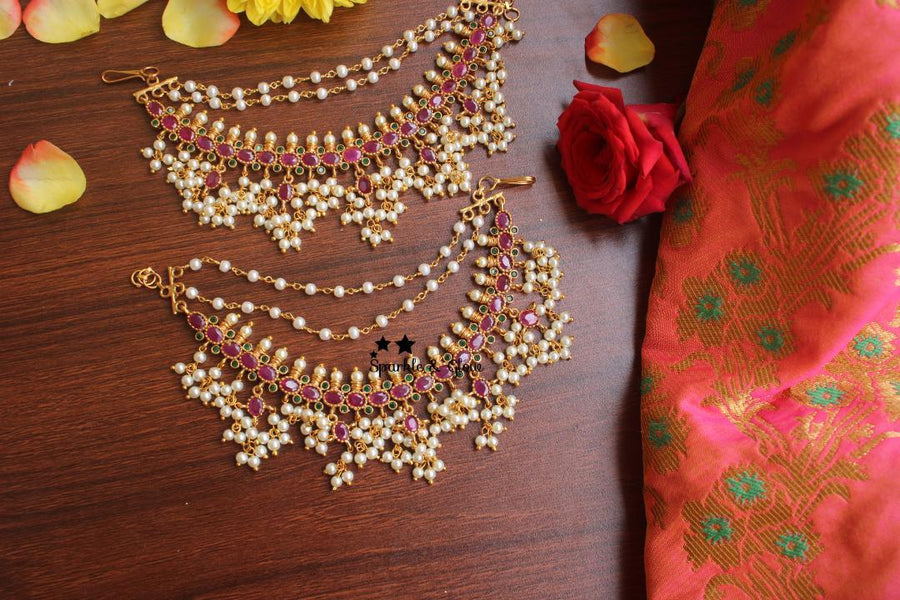 Gutta pusalu style ruby stone earchain - Sparkle and Glow