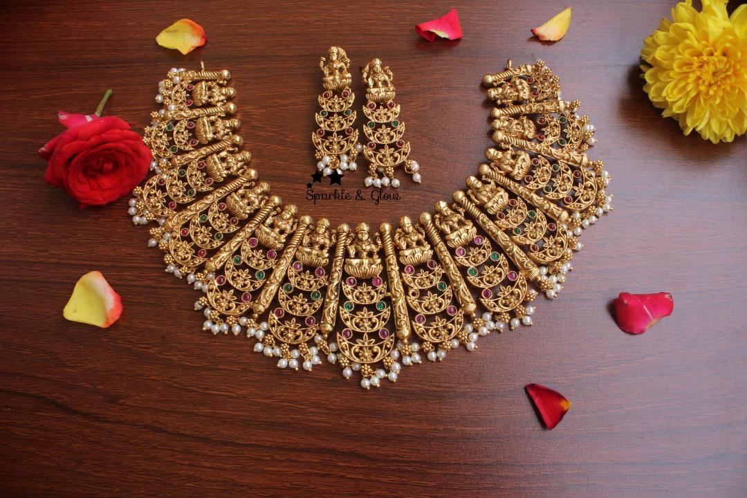 Gold alike polished lakshmi statement choker / Short necklace - Multi - Sparkle and Glow