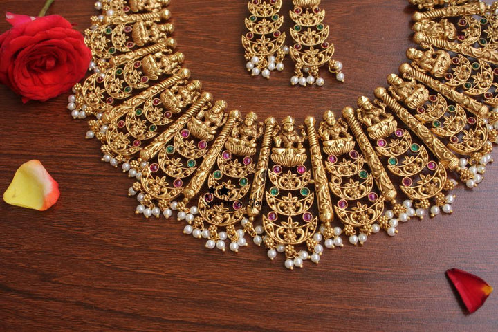 Gold alike polished lakshmi statement choker / Short necklace - Multi - Sparkle and Glow