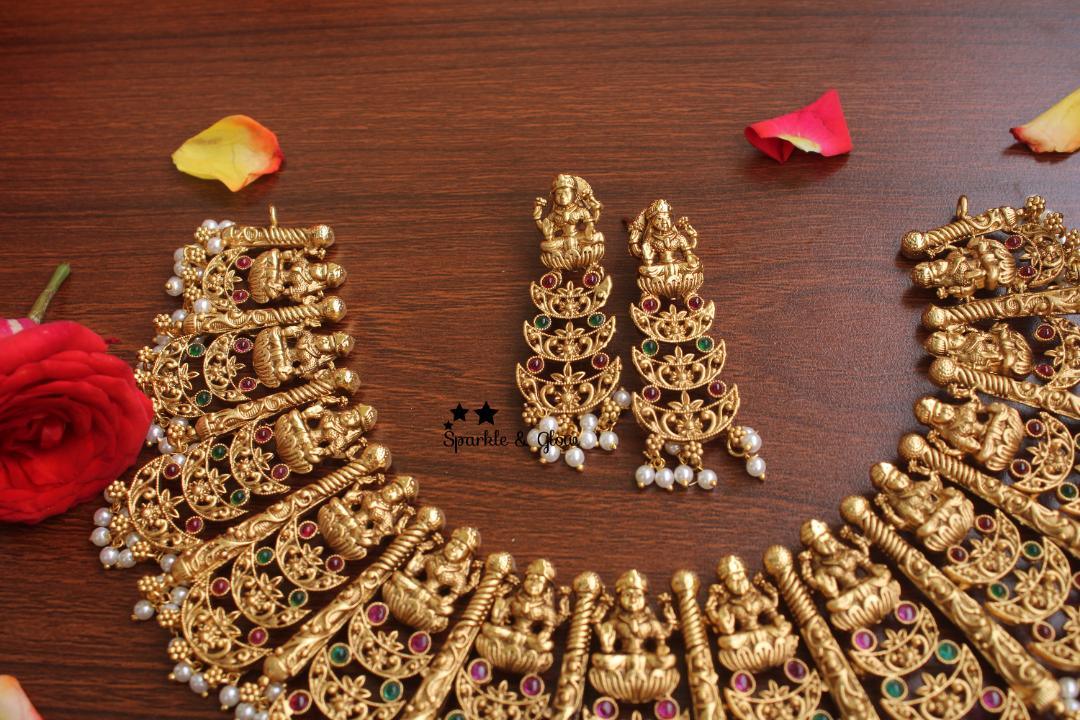 Gold alike polished lakshmi statement choker / Short necklace - Multi - Sparkle and Glow