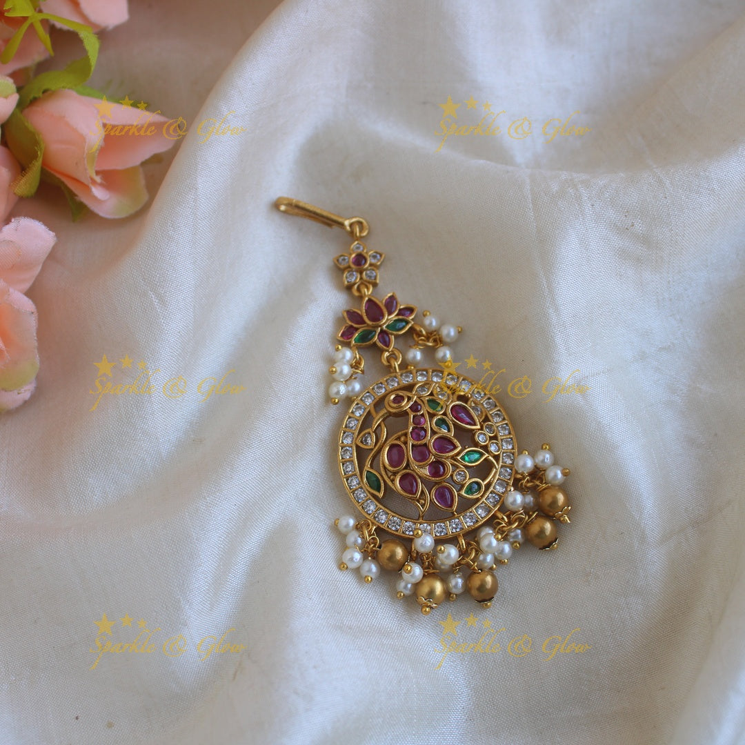 Premium matte Peacock Lotus tikka with gold and pearl beads