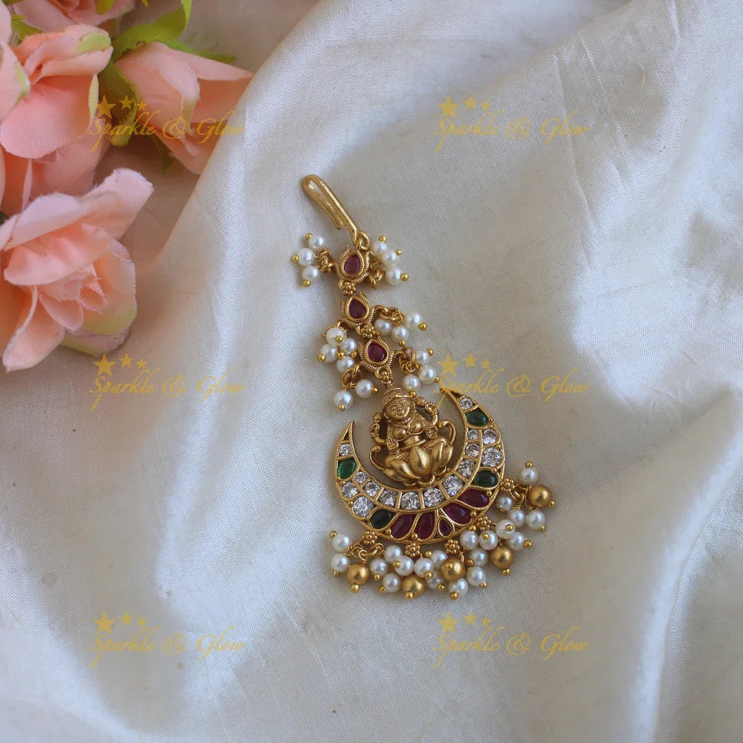 Premium matte Lakshmi moon tikka with gold and pearl beads - Sparkle and Glow