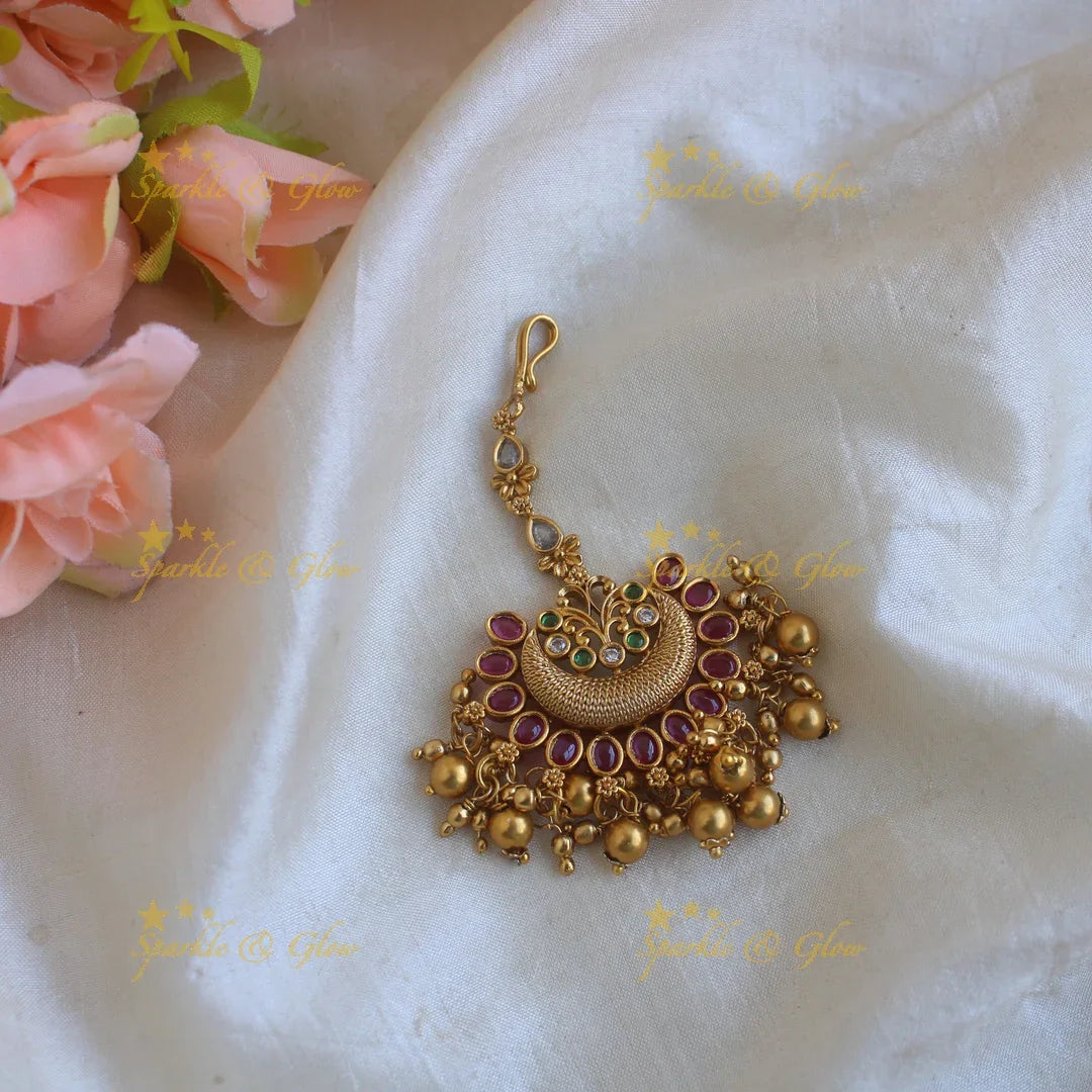 Premium matte non idol tikka with gold beads - Sparkle and Glow