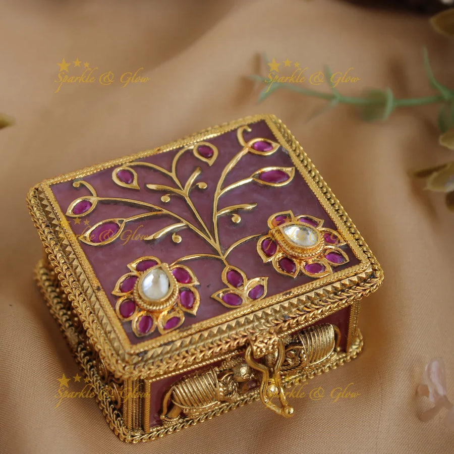 Gold alike Mennakari floral design Kumkum box - Sparkle and Glow