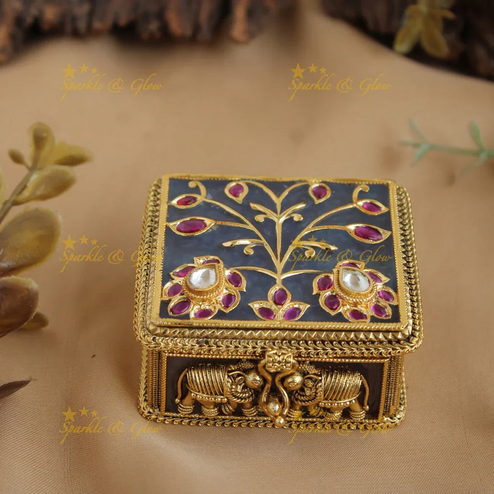 Gold alike Mennakari floral design Kumkum box - Sparkle and Glow