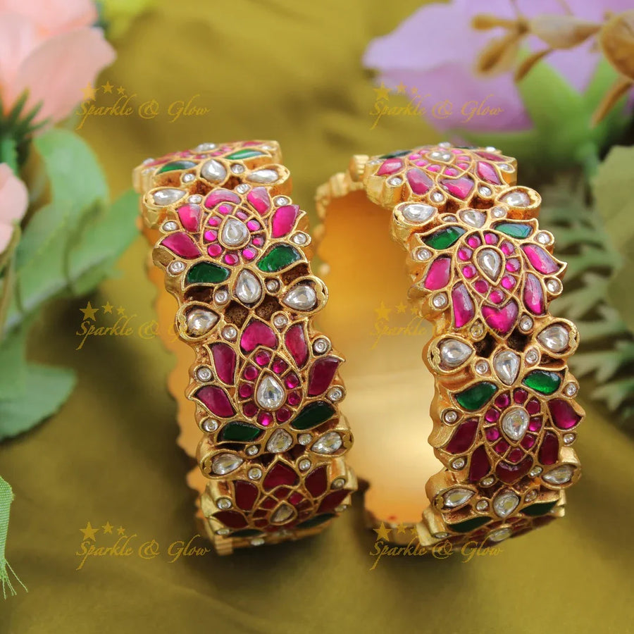 Gorgeous Lotus design jadau kada - Sparkle and Glow