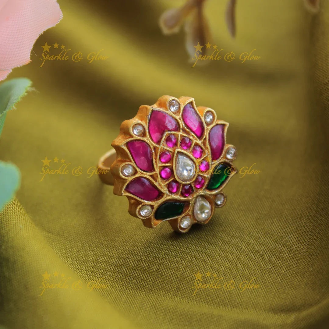 Beautiful Lotus jadau finger ring , Pink - Sparkle and Glow
