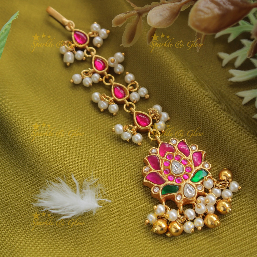 Elegant Lotus jadau maang tikka with pearls and gold beads
