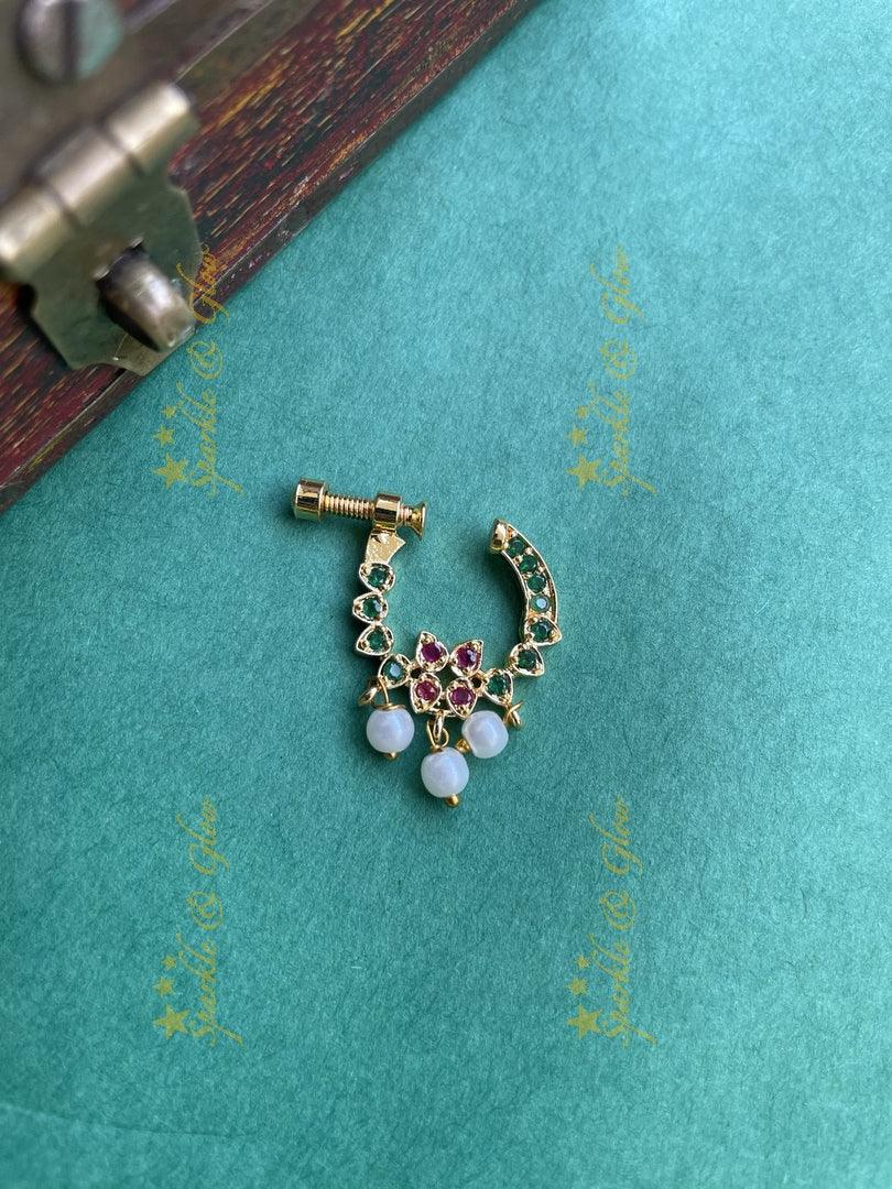 Gold AD green pink stone scre type nosepin with pearl - Sparkle and Glow