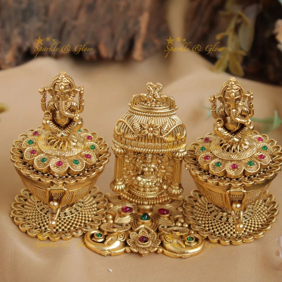 Gold alike Lakshmi and Ganesha design Kumkum box - Sparkle and Glow