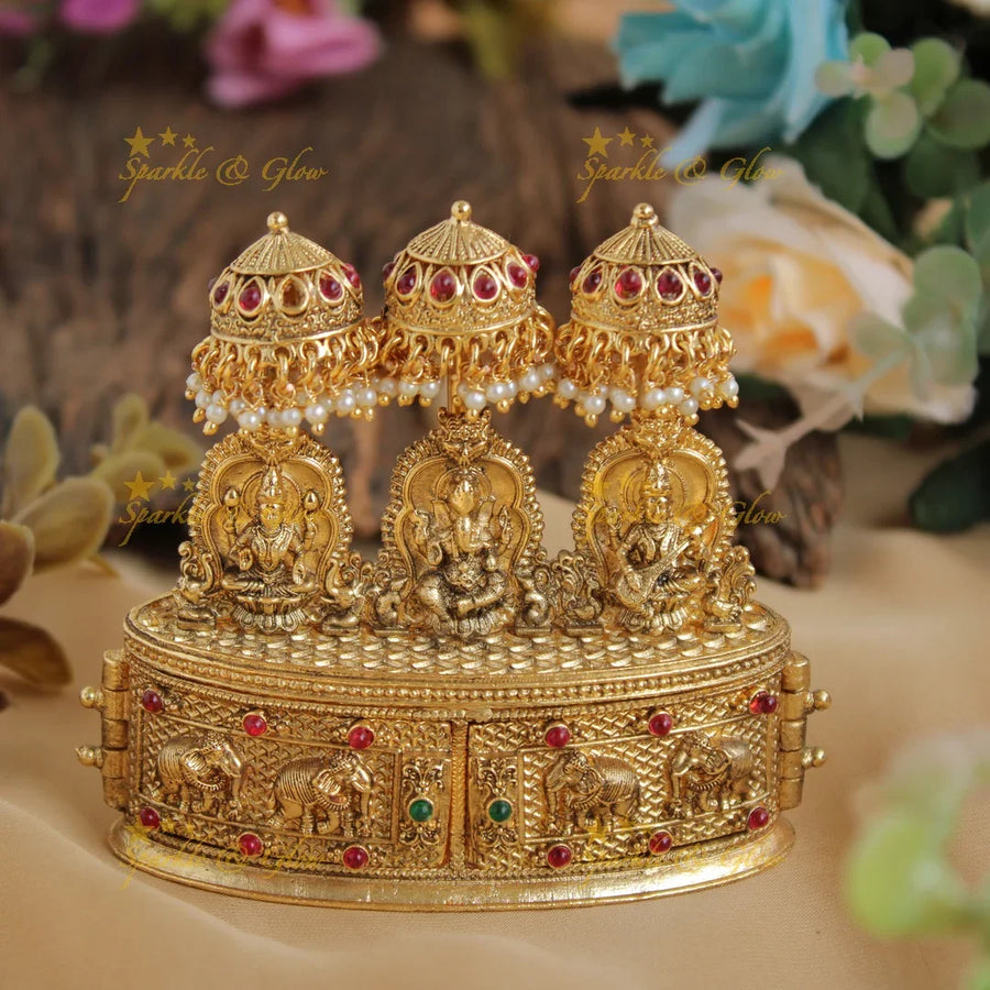 Gold alike Lakshmi and Ganesha and Sarawati design Kumkum box - Sparkle and Glow