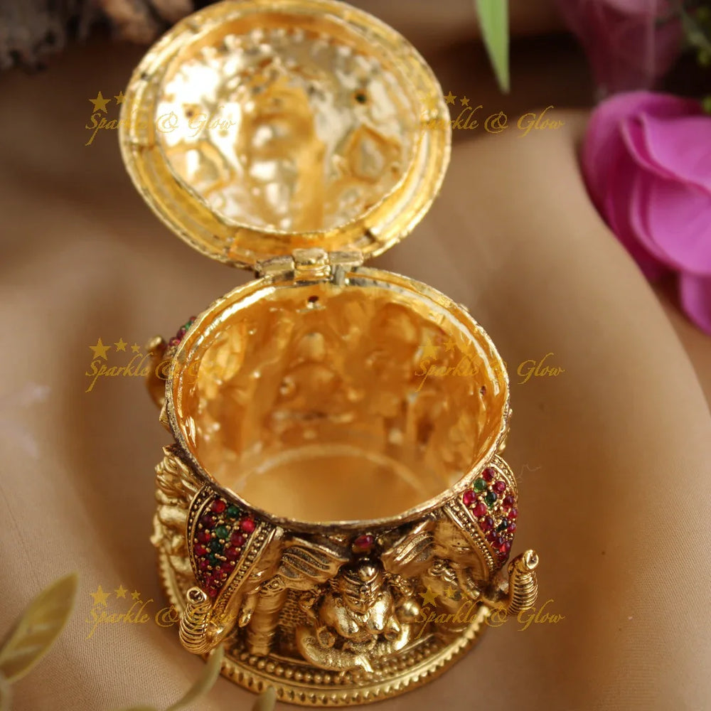 Gold alike God Balaji and Lakshmi design Kumkum box - Sparkle and Glow