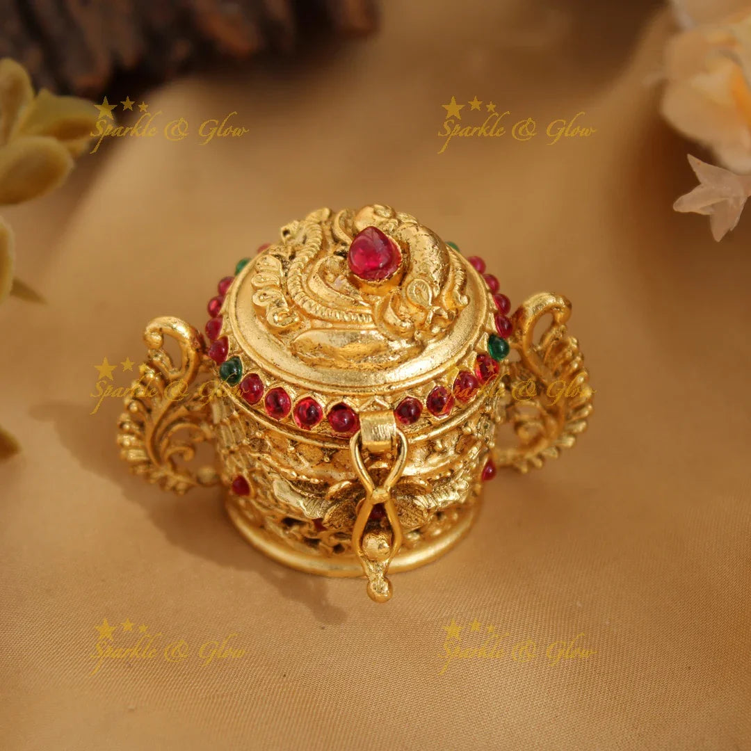 Gold alike Peacock Kumkum box - Sparkle and Glow