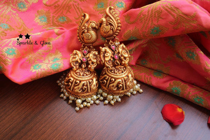92.5 look alike geru gold polished large sized peacock jhumukas with pusulu - Sparkle and Glow
