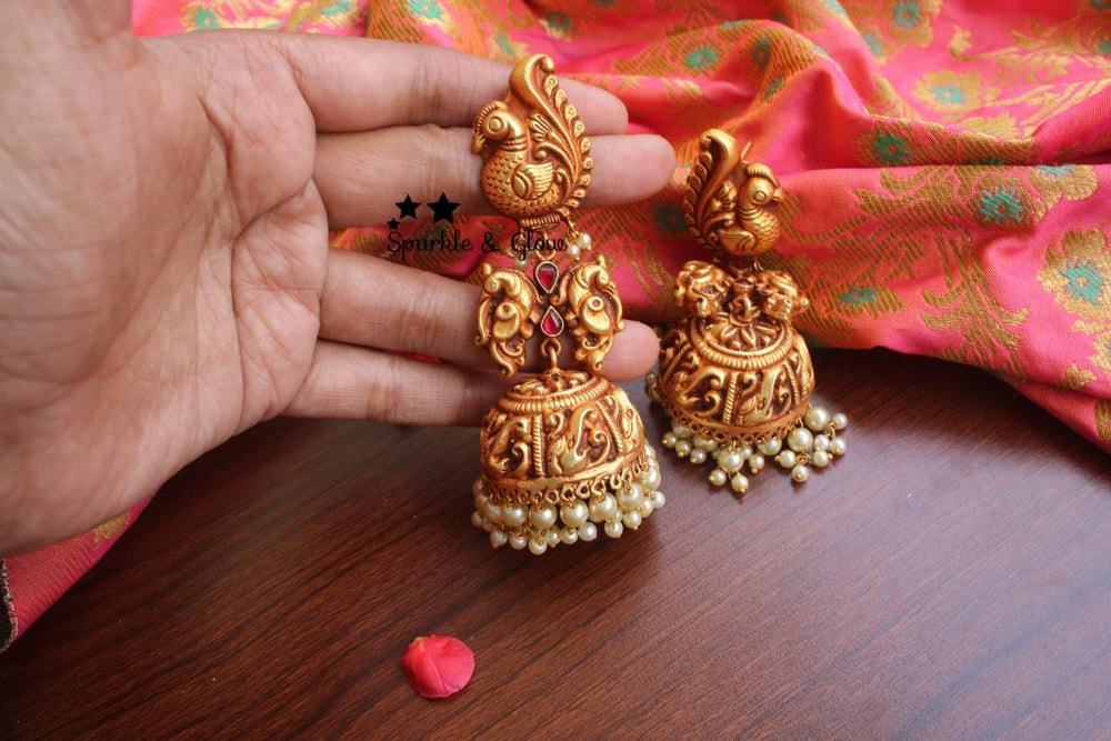 92.5 look alike geru gold polished large sized peacock jhumukas with pusulu - Sparkle and Glow