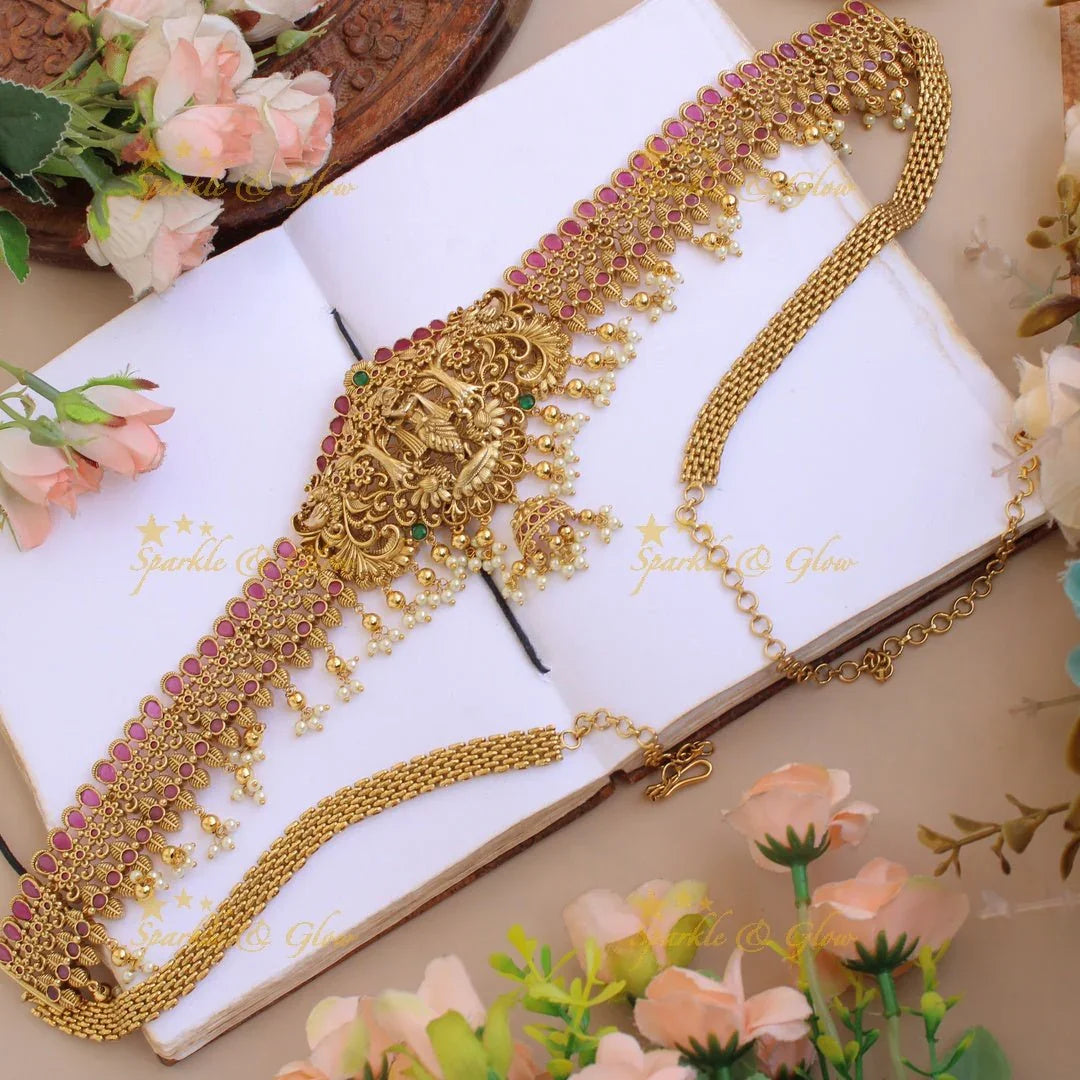 Statement Krishna playing flute hipchain with ruby pearl and gold beads - Sparkle and Glow
