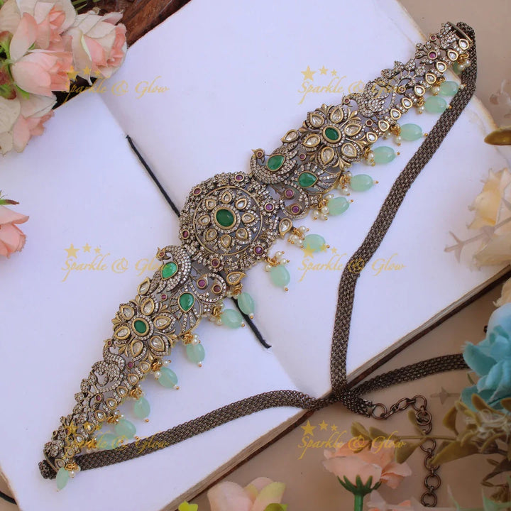 Stunning Peacock floral black finish Victorian AD hipchain with ruby emerald and mint green beads - Sparkle and Glow