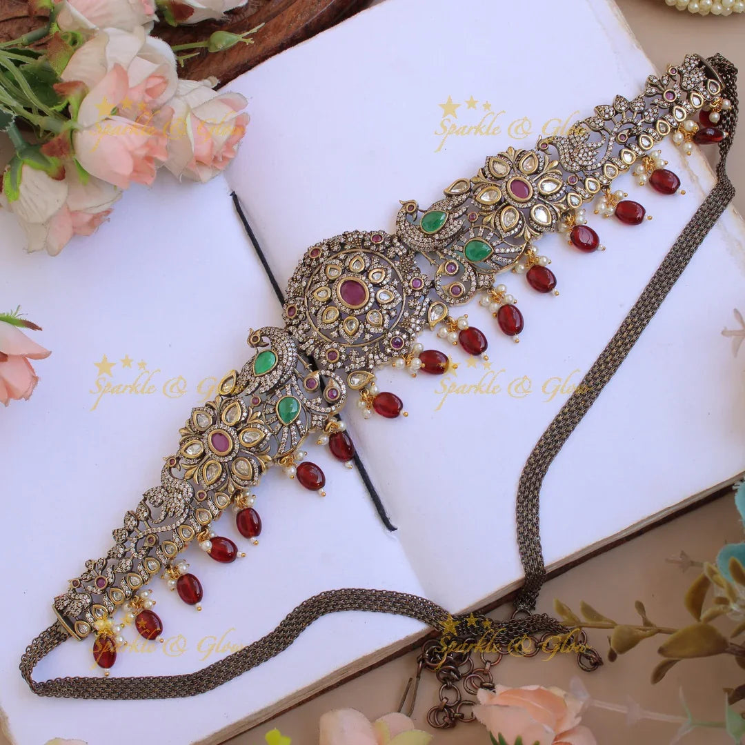 Stunning Peacock floral black finish Victorian AD hipchain with ruby emerald and mint green beads - Sparkle and Glow