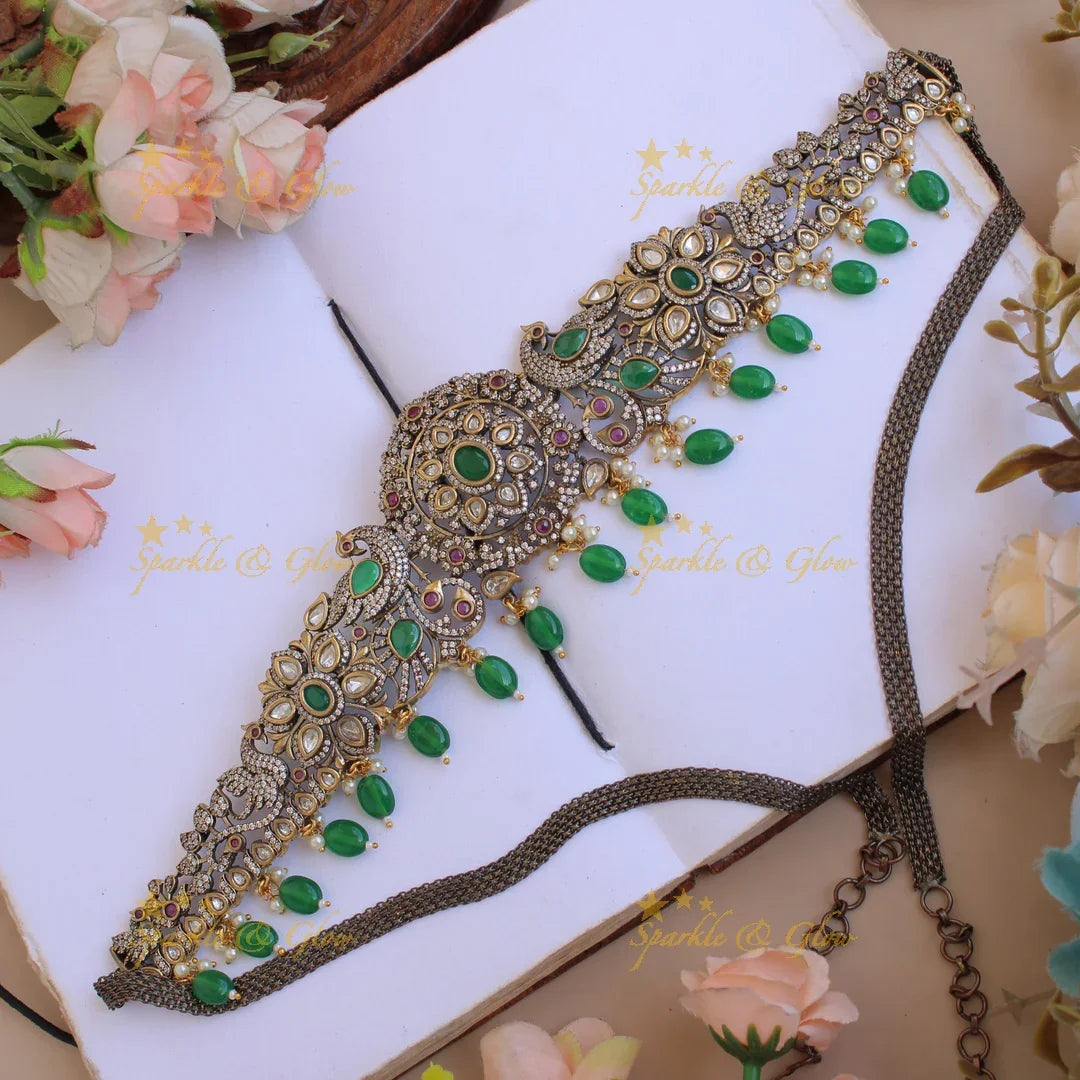 Stunning Peacock floral black finish Victorian AD hipchain with ruby emerald and mint green beads - Sparkle and Glow