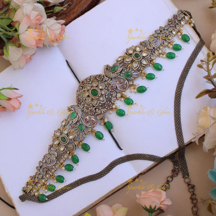 Stunning Peacock floral black finish Victorian AD hipchain with ruby emerald and mint green beads - Sparkle and Glow