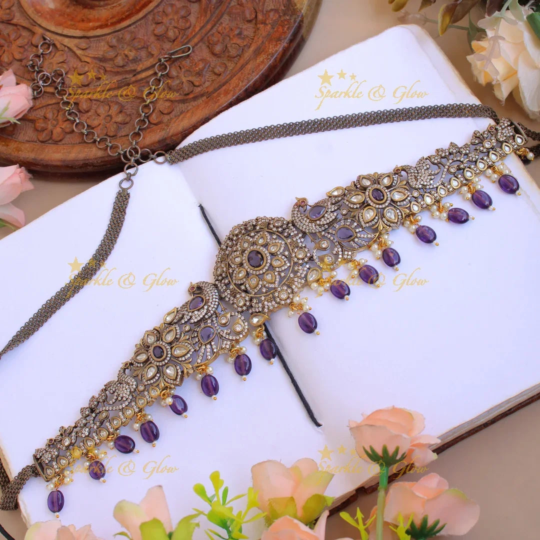 Stunning Peacock floral black finish Victorian AD hipchain with ruby emerald and mint green beads - Sparkle and Glow