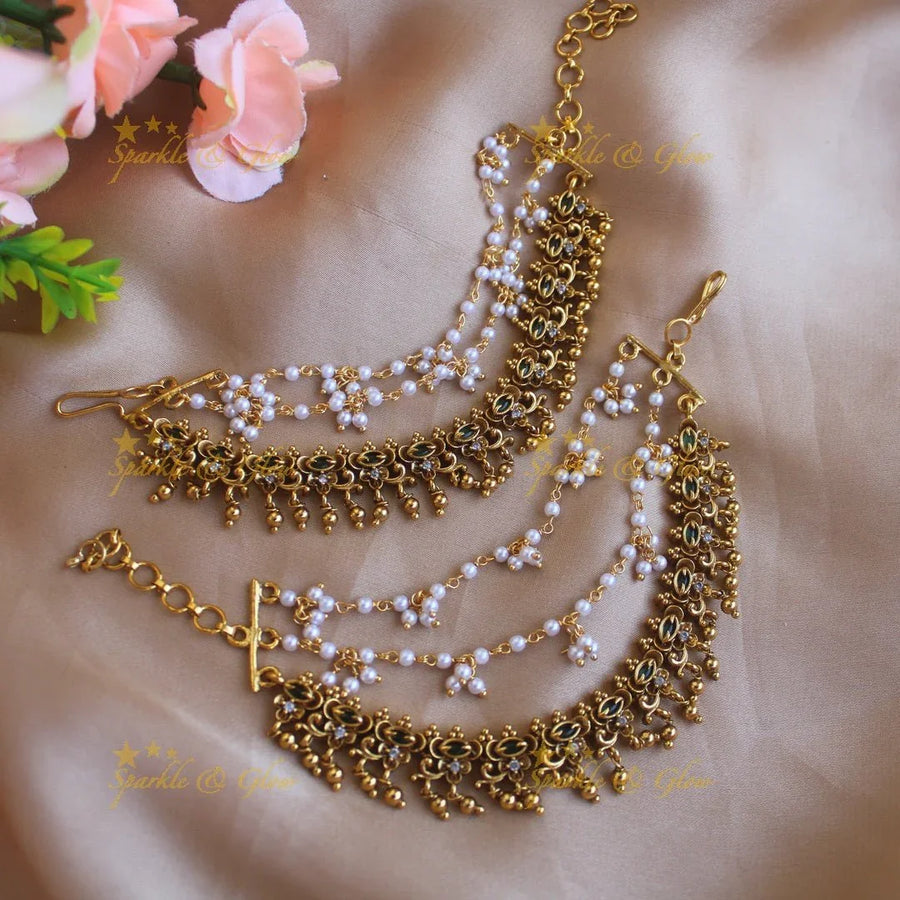 Premium Gold alike Green Stones Earchain with Gold Beads - Sparkle and Glow