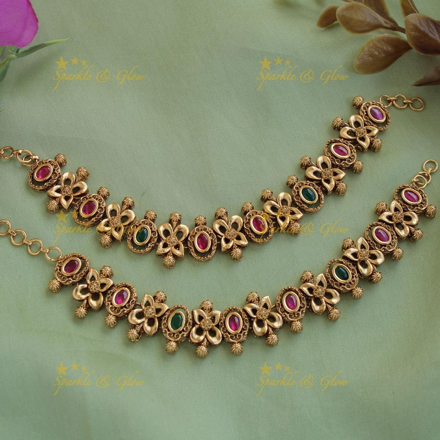 Beautiful Gold alike Floral design Earchain with green and Red Stones - Sparkle and Glow