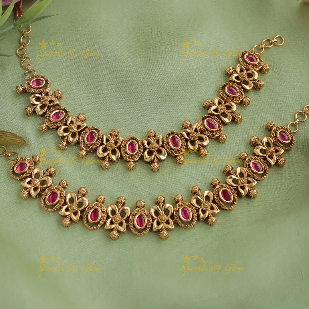 Beautiful Gold alike Floral design Earchain with green and Red Stones - Sparkle and Glow